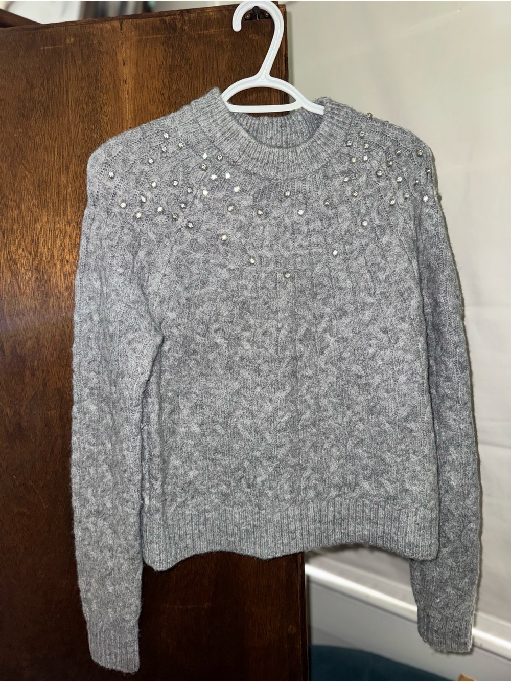 a new day Gray Beaded Cable-Knit Crewneck Sweater